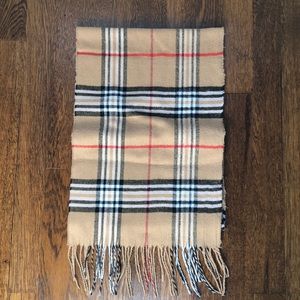 Tan, white, red, and black checkered scarf